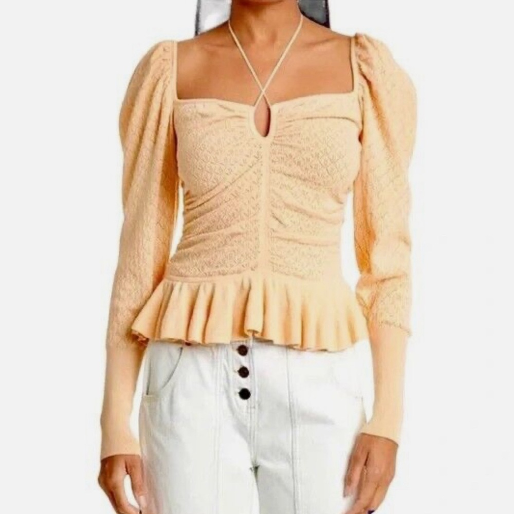 Ulla Johnson | Pointelle Knit V-Neck Puff Sleeve Peplum Top